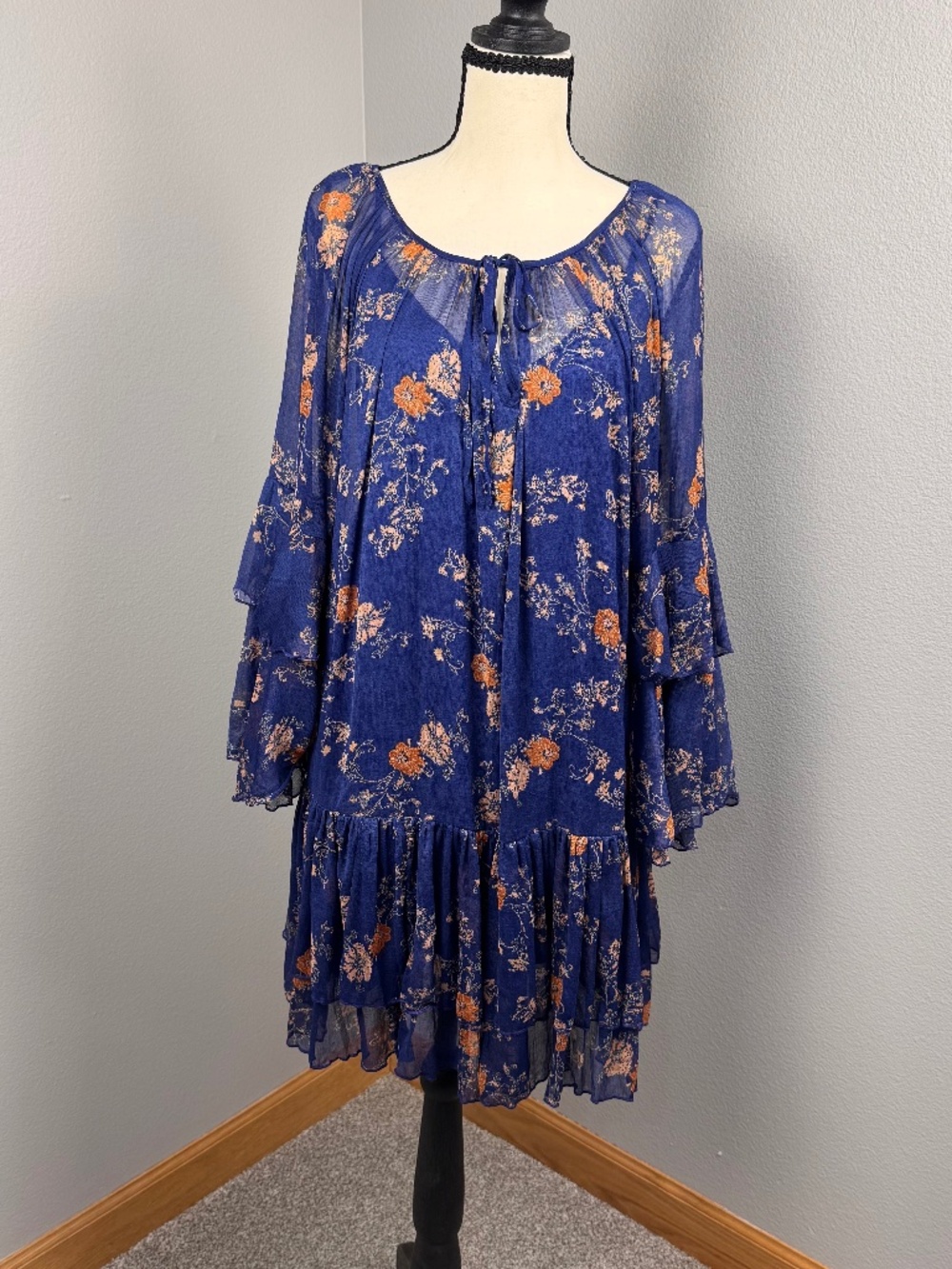 Free People Blue Floral Ruffle Sleeve Mini Dress - Size Medium
